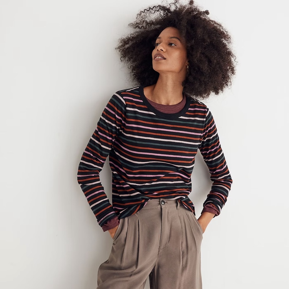Madewell Whisper Cotton Rib-Crewneck Long-Sleeve Tee in Ryley Stripe